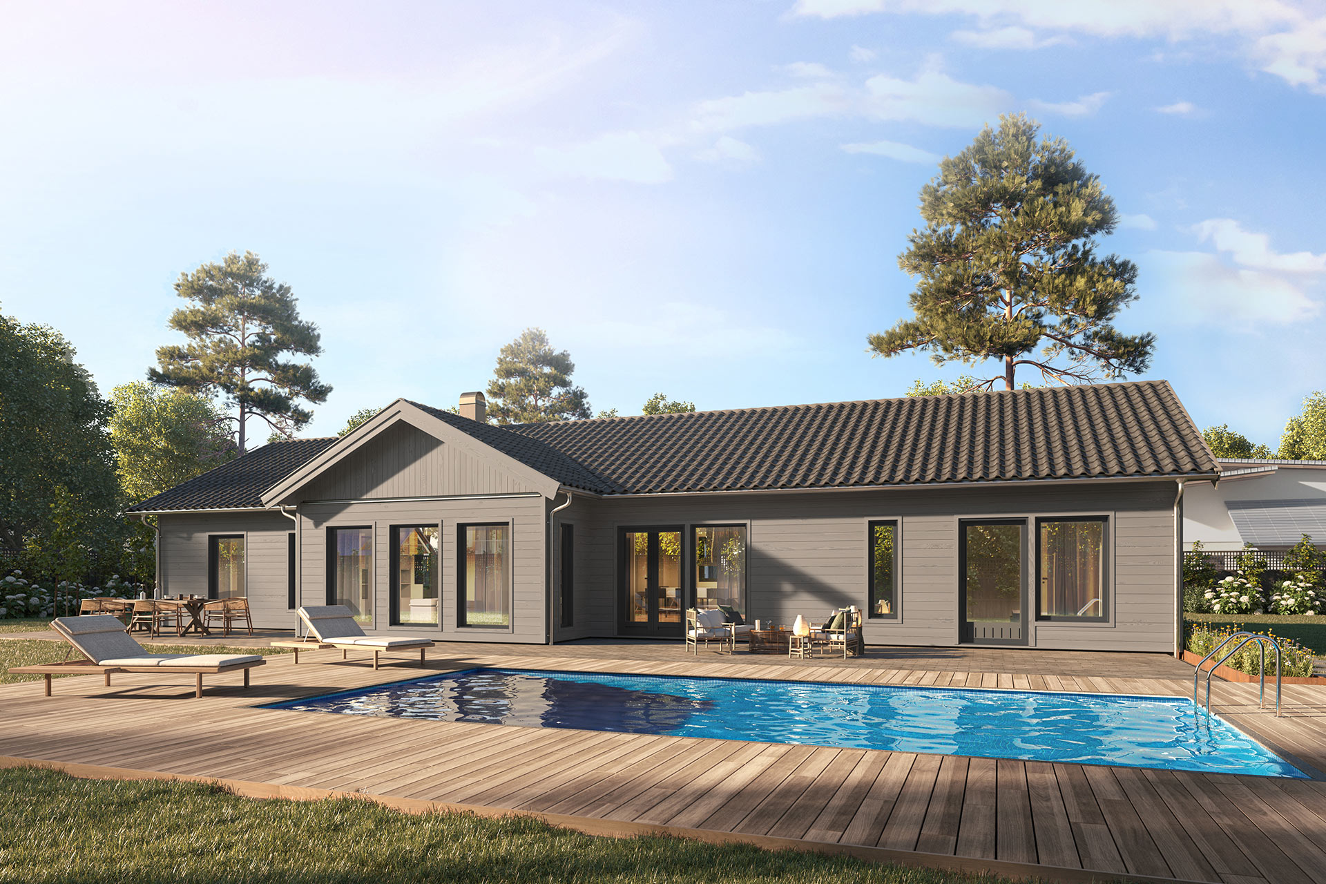 Närbild på fasad och entré till bostadshus